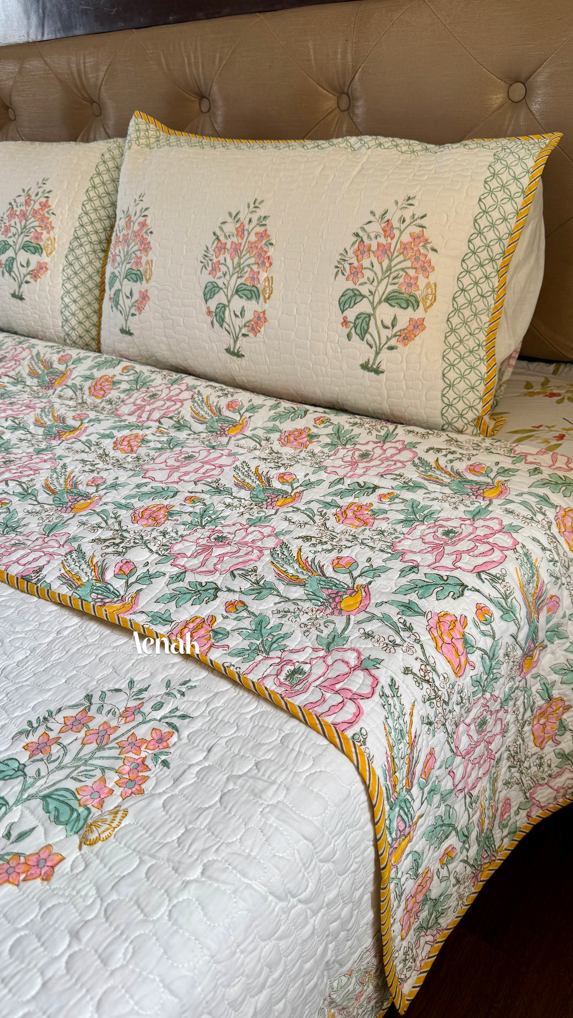 Peach Anokhi Handblock Printed Reversible Quilted Bedcover