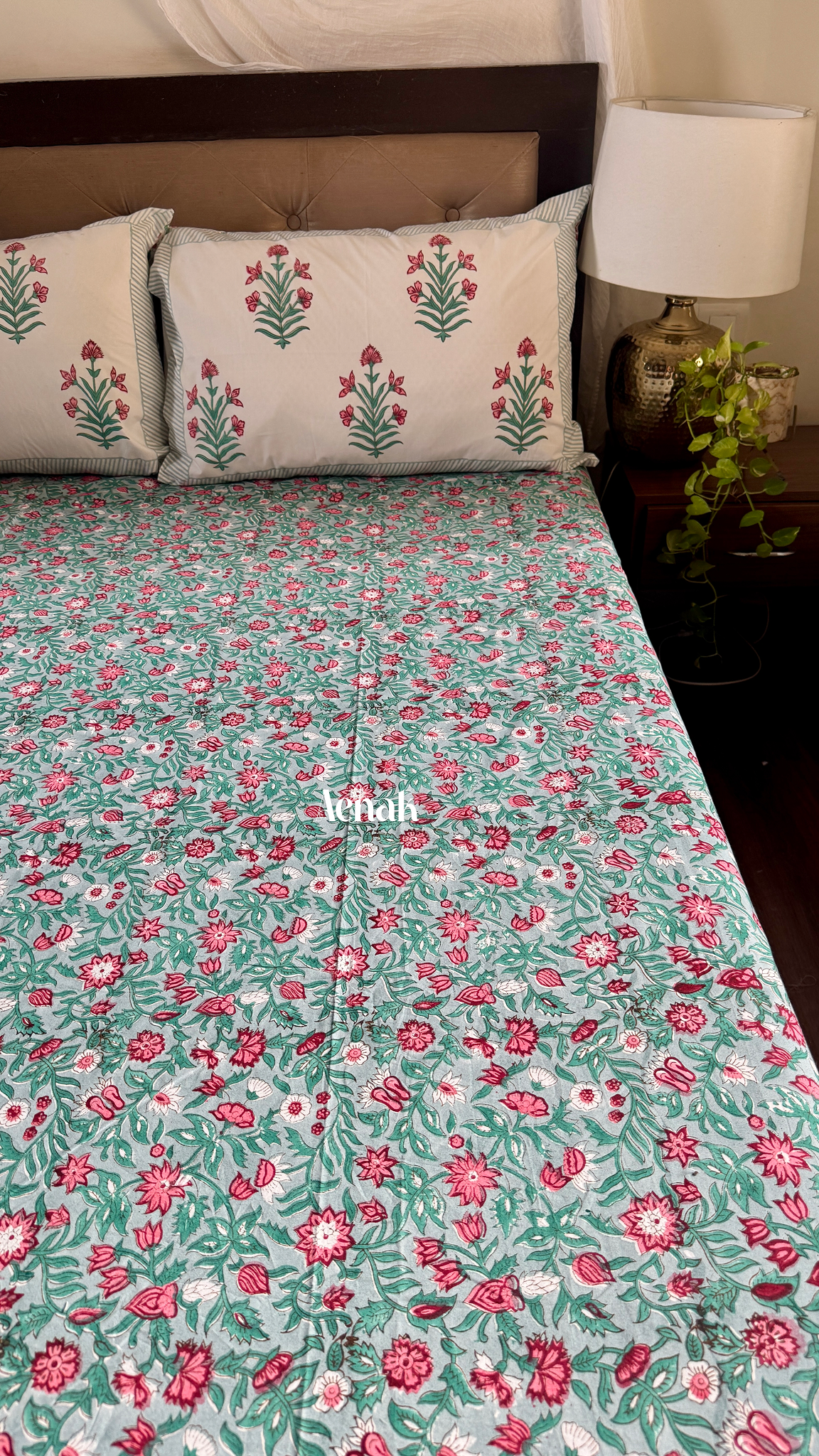 Sage Green Floral Handblock Printed Premium Cotton Bedsheet