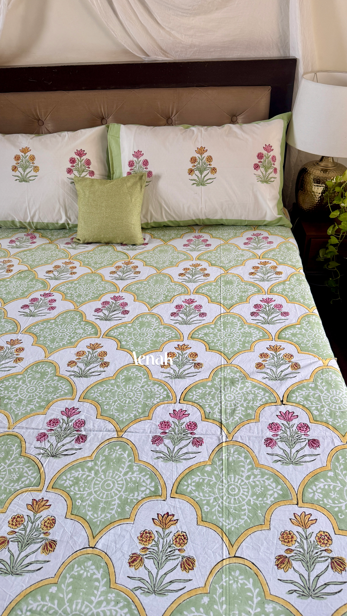 Mint Green & Yellow Handblock Printed Premium Cotton Bedsheet