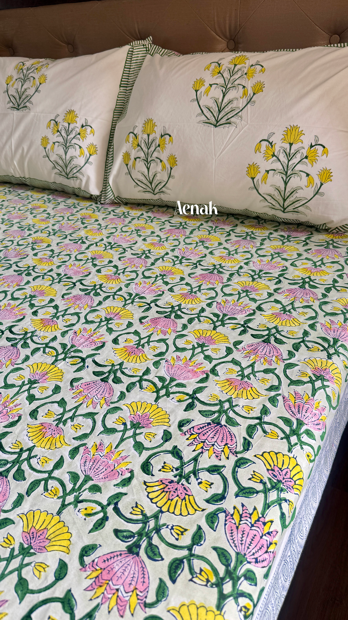 Pink & Yellow Lotus Handblock Printed Premium Cotton Bedsheet