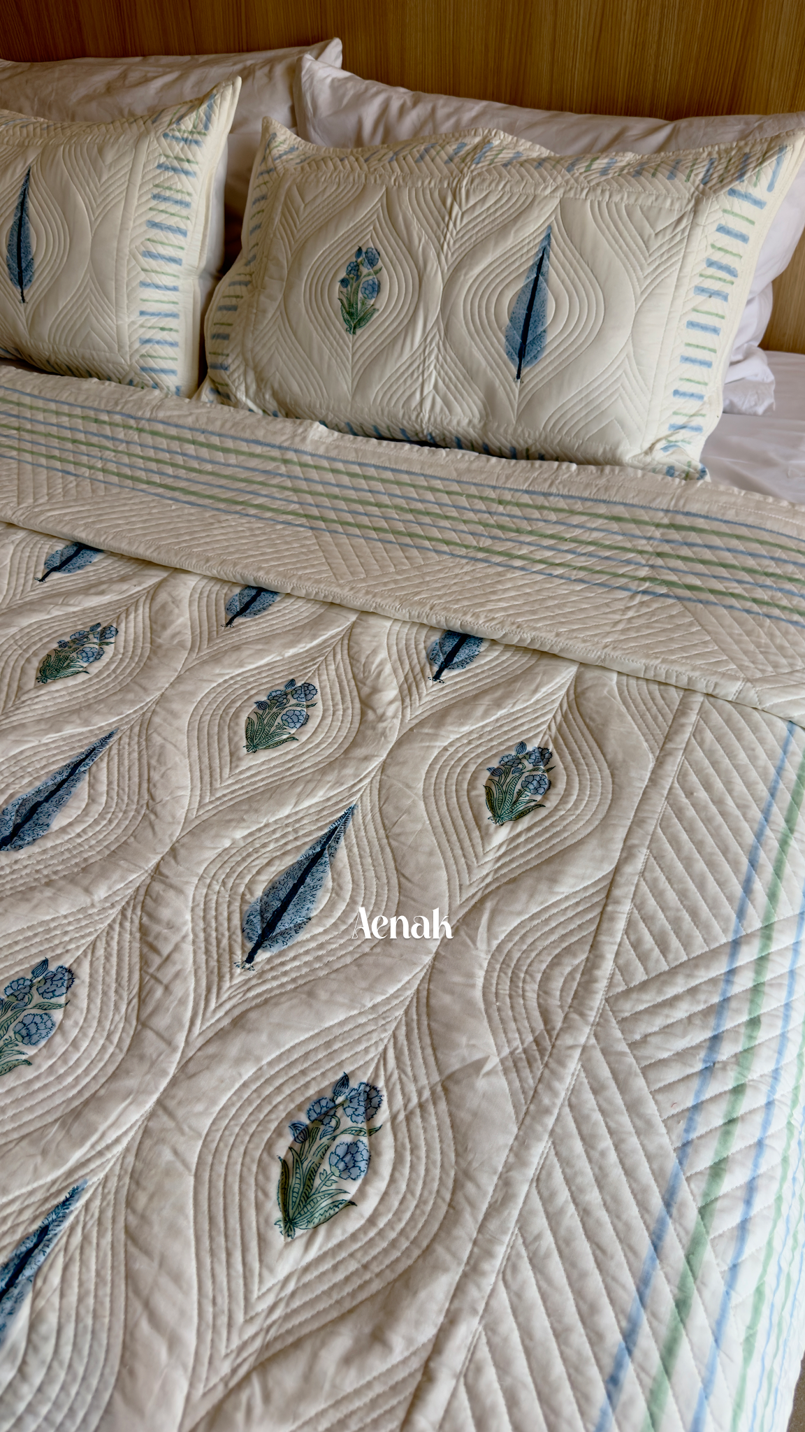White Embossed Handblock Printed Quilted Bedcover