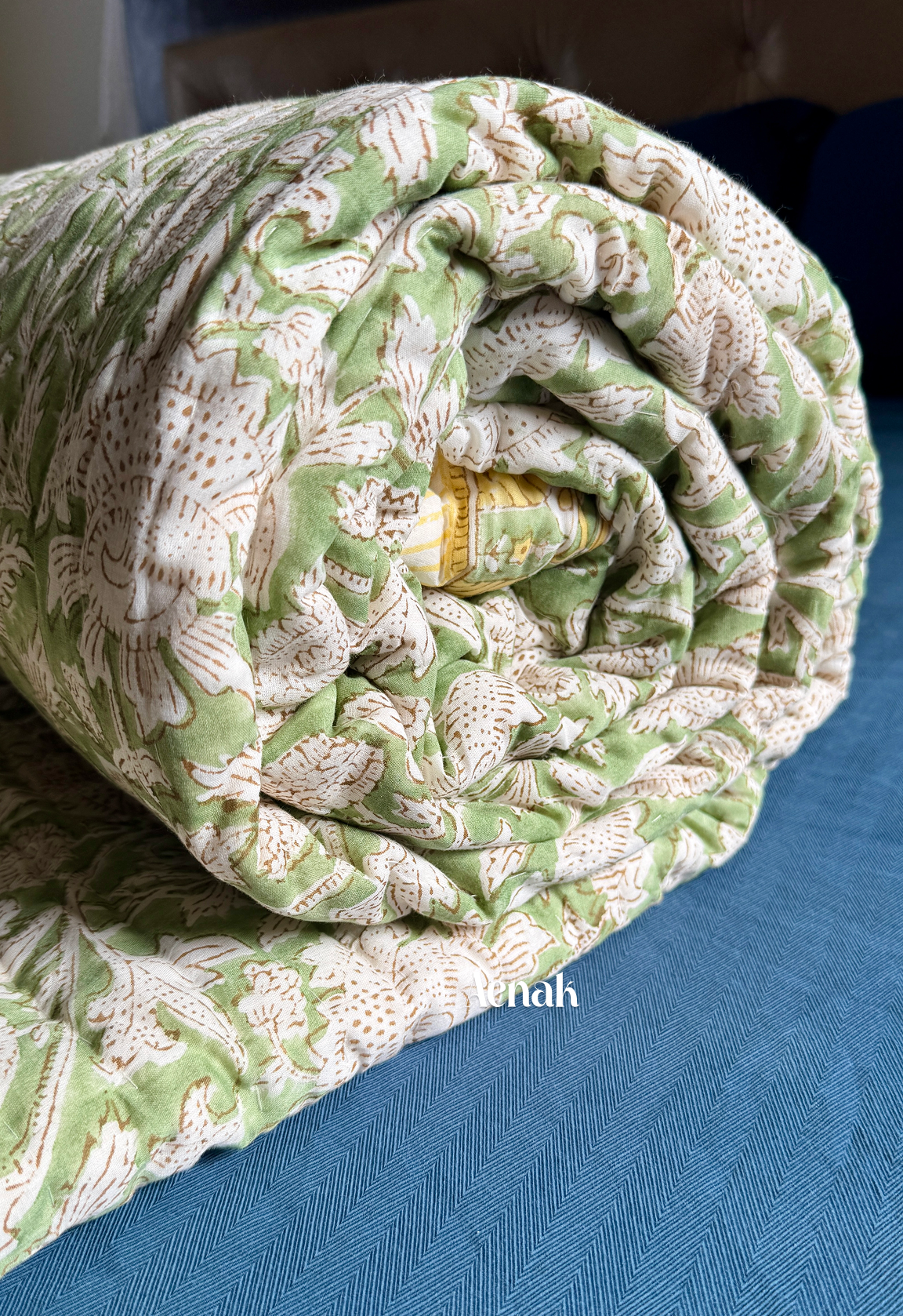 Green Gadd Handblock Printe Reversible Mulmul Cotton Quilt