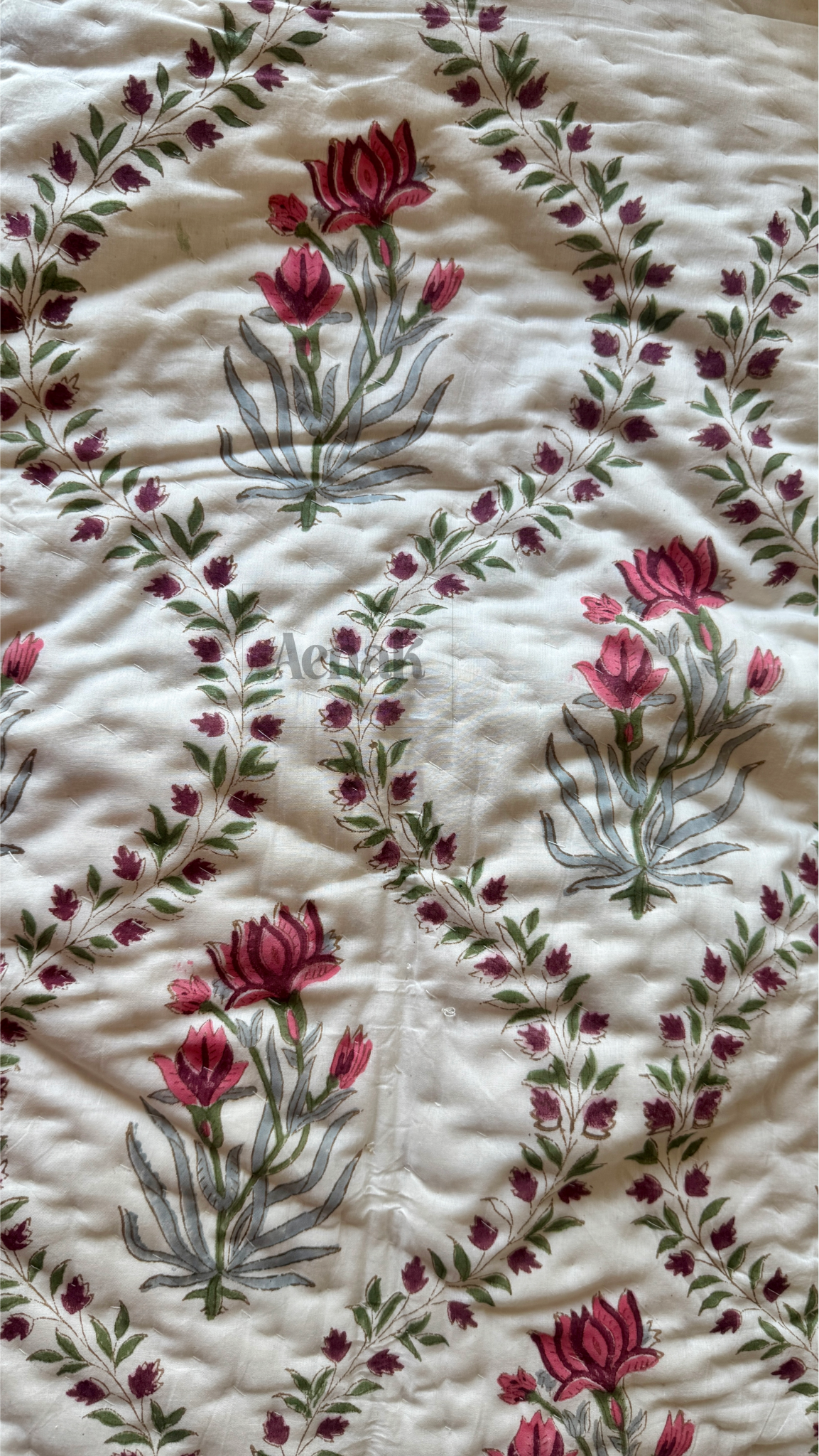 Red Lotus Jaal Handblock Printed Reversible Mulmul Cotton Quilt