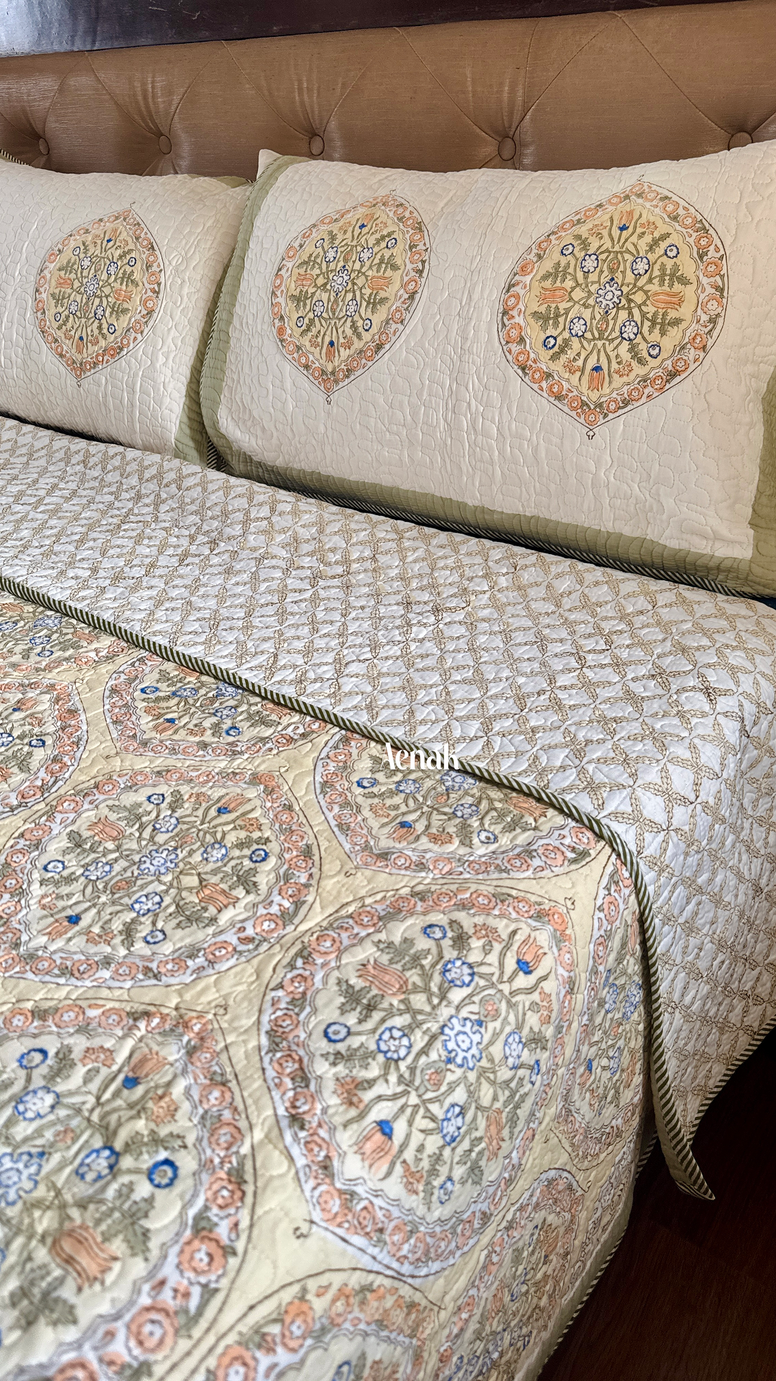 Pastel Yellow Geometric Handblock Printed Reversible Quilted Bedcover