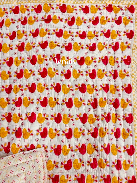 Red Yellow Chick Handblock Printed Reversible Mulmul Cotton Blanket