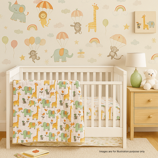 Orange Giraffe Handblock Printed Reversible Mulmul Cotton Blanket
