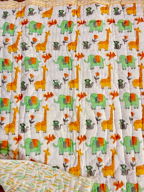 Orange Giraffe Handblock Printed Reversible Mulmul Cotton Blanket