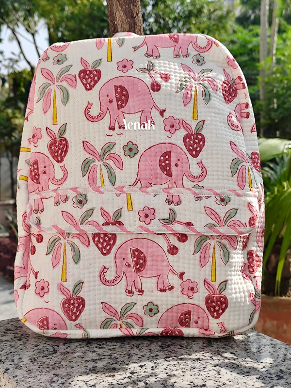 Pink Strawberry Elephant Quilted Kids Backpack