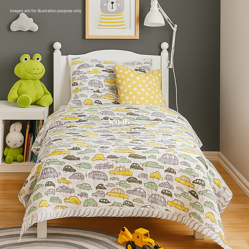 Yellow Car Handblock Printed Reversible Mulmul Cotton Blanket