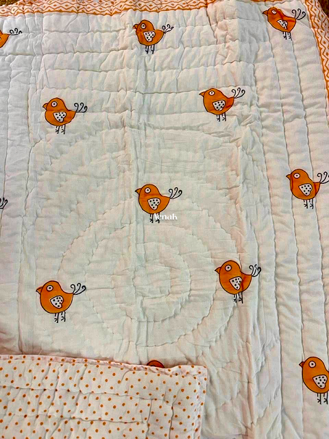 Orange Bird Handblock Printed Reversible Mulmul Cotton Blanket