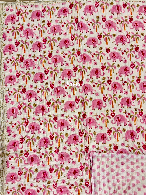 Pink Elephant Handblock Printed Reversible Mulmul Cotton Blanket