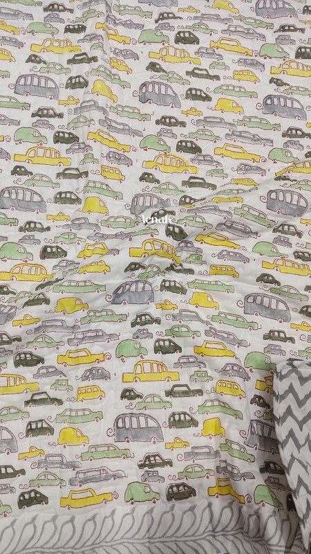 Yellow Car Handblock Printed Reversible Mulmul Cotton Blanket