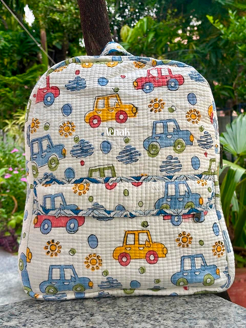 Blue Yellow Car Quilted Kids Backpack