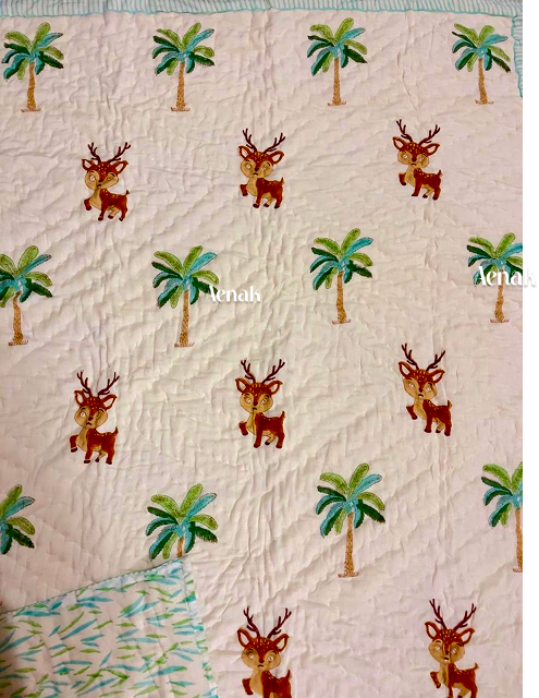 Brown Deer Handblock Printed Reversible Mulmul Cotton Blanket