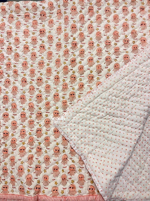 Peach Octopus Handblock Printed Reversible Mulmul Cotton Blanket