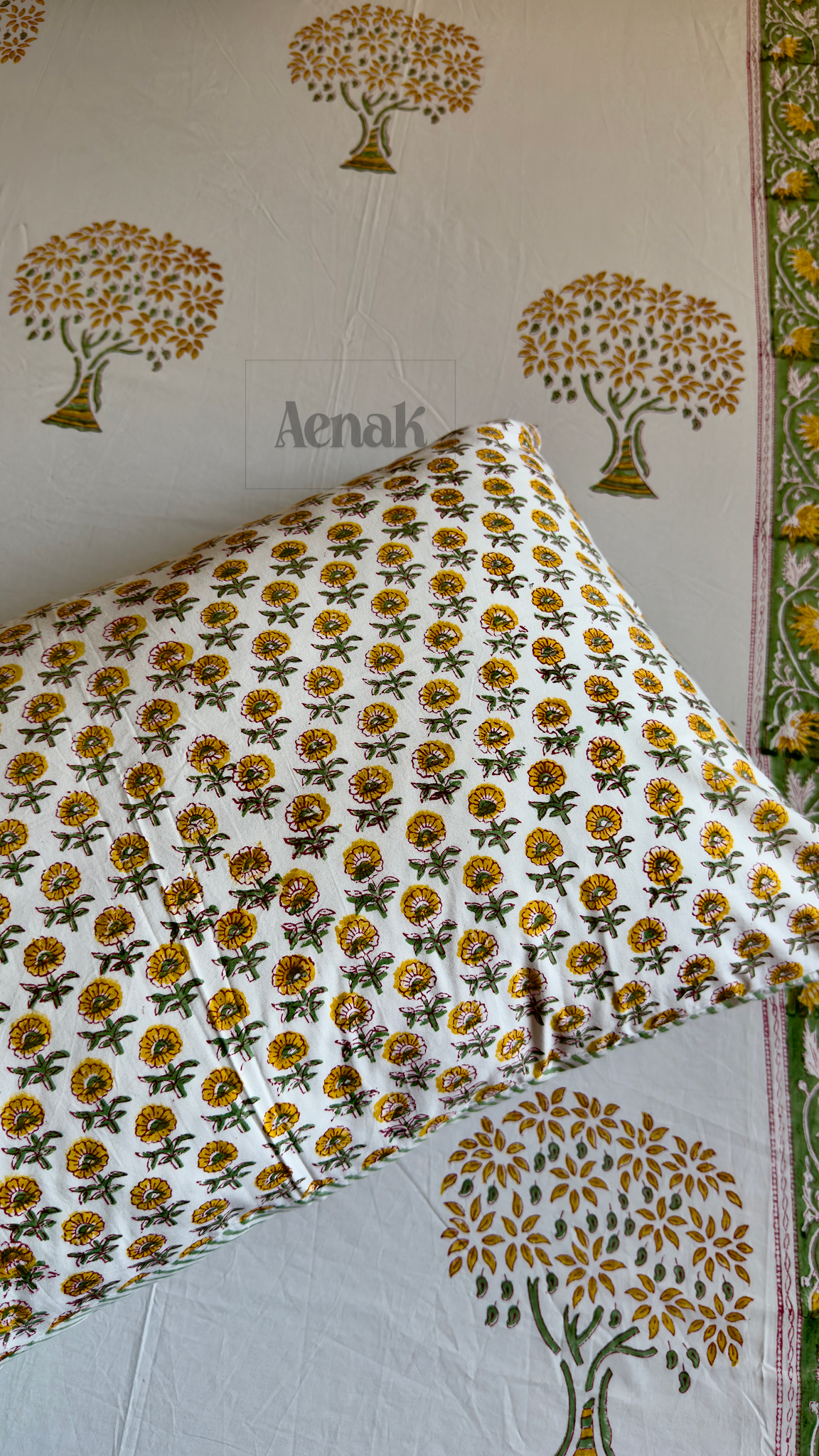 Yellow Bodhi Tree Handblock Bedsheet + Quilt Combo