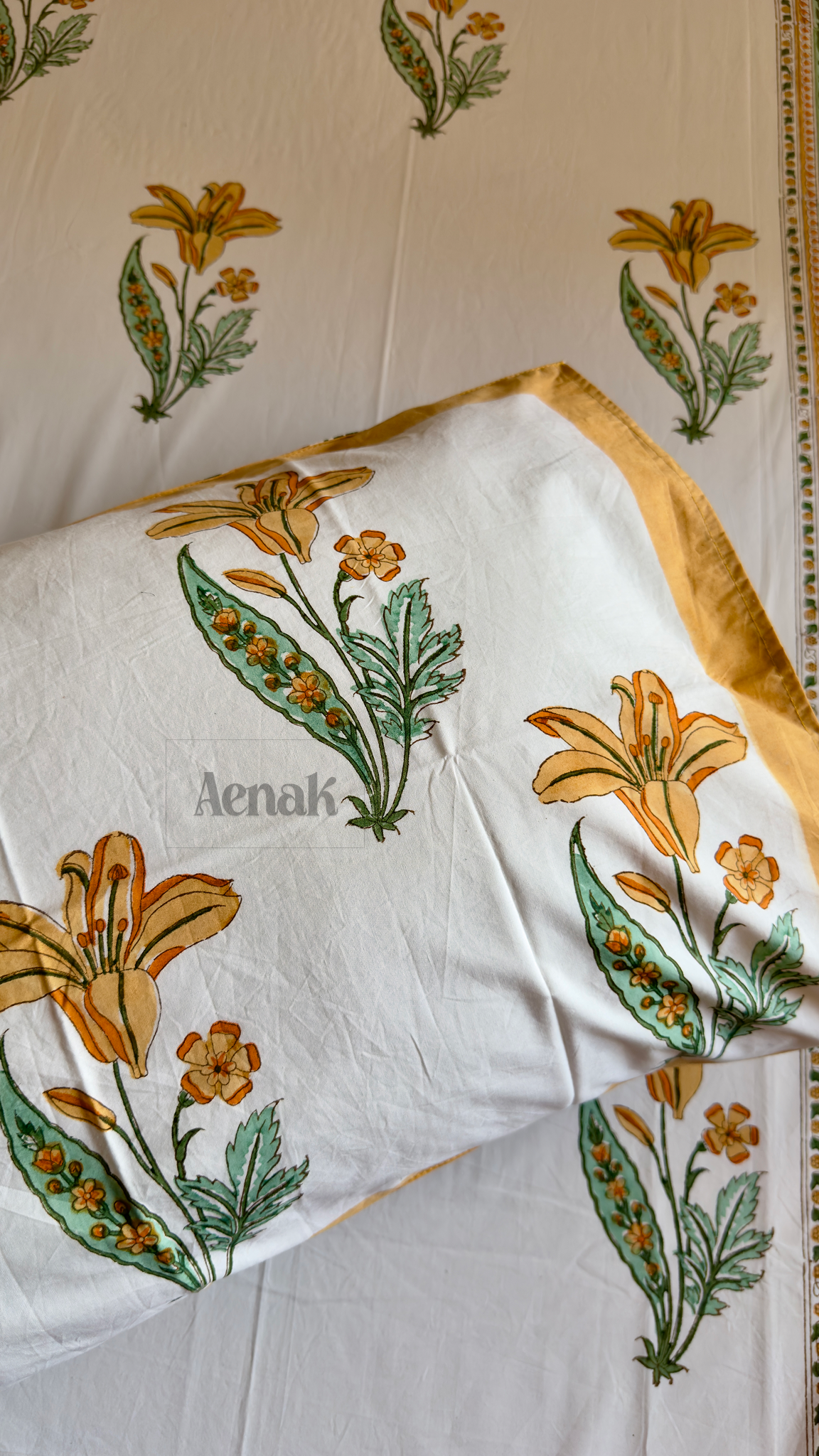 Yellow Lily Handblock Bedsheet + Quilted Bedcover Combo