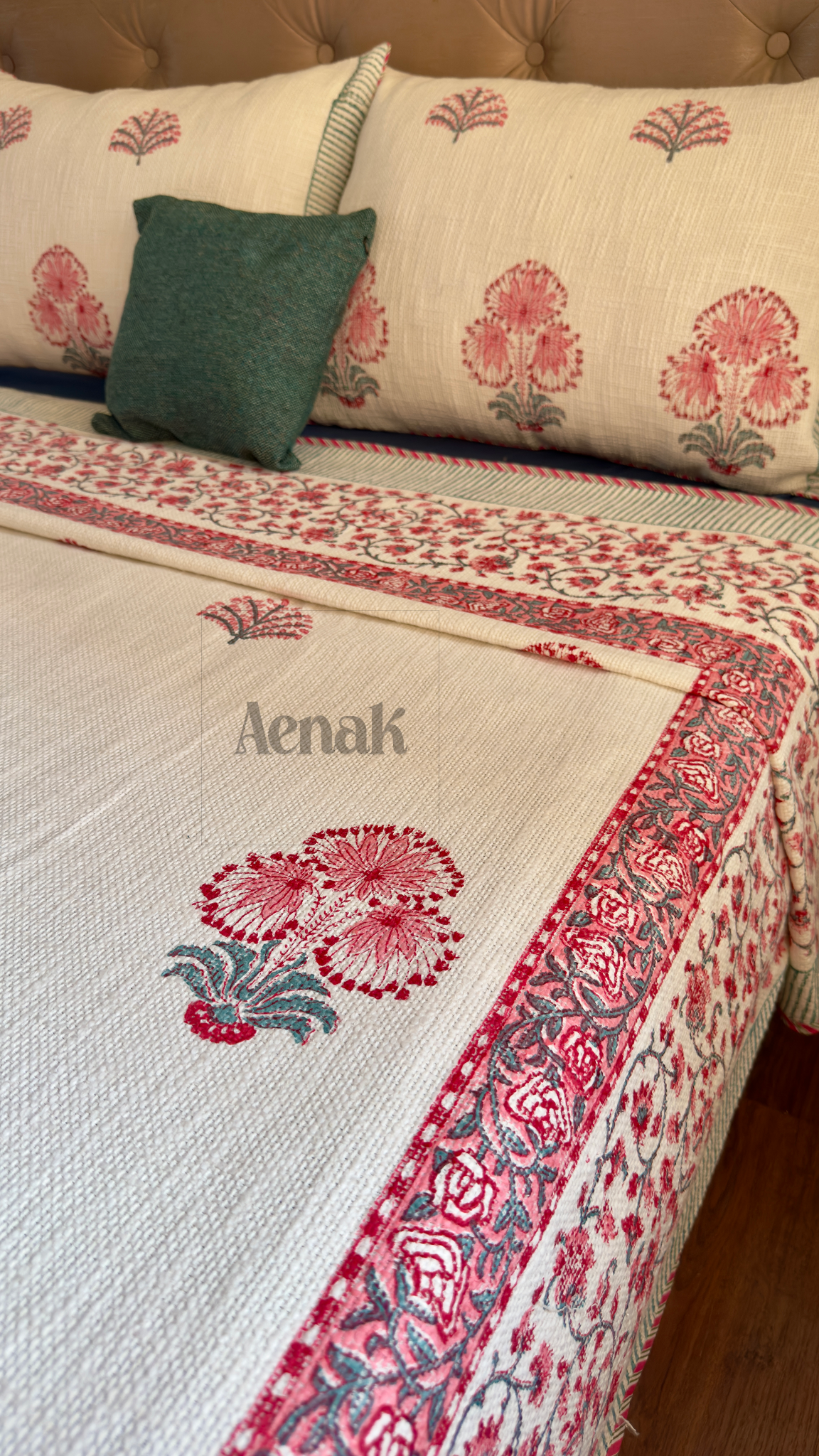 Pink Palm Handblock Printed Jute Cotton Bedcover
