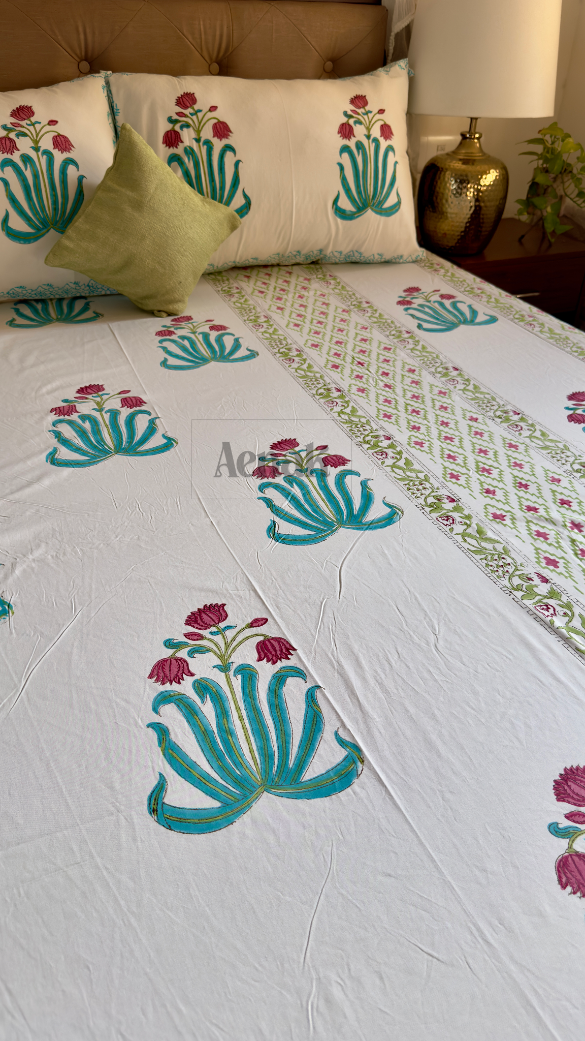 Pink Lotus Handblock Printed Premium Cotton Bedsheet