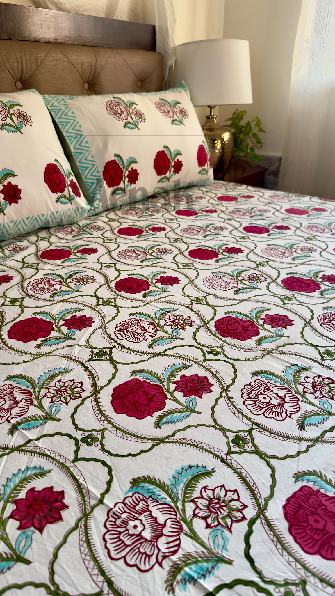 Red Rose Jaal Handblock Printed Premium Cotton Bedsheet