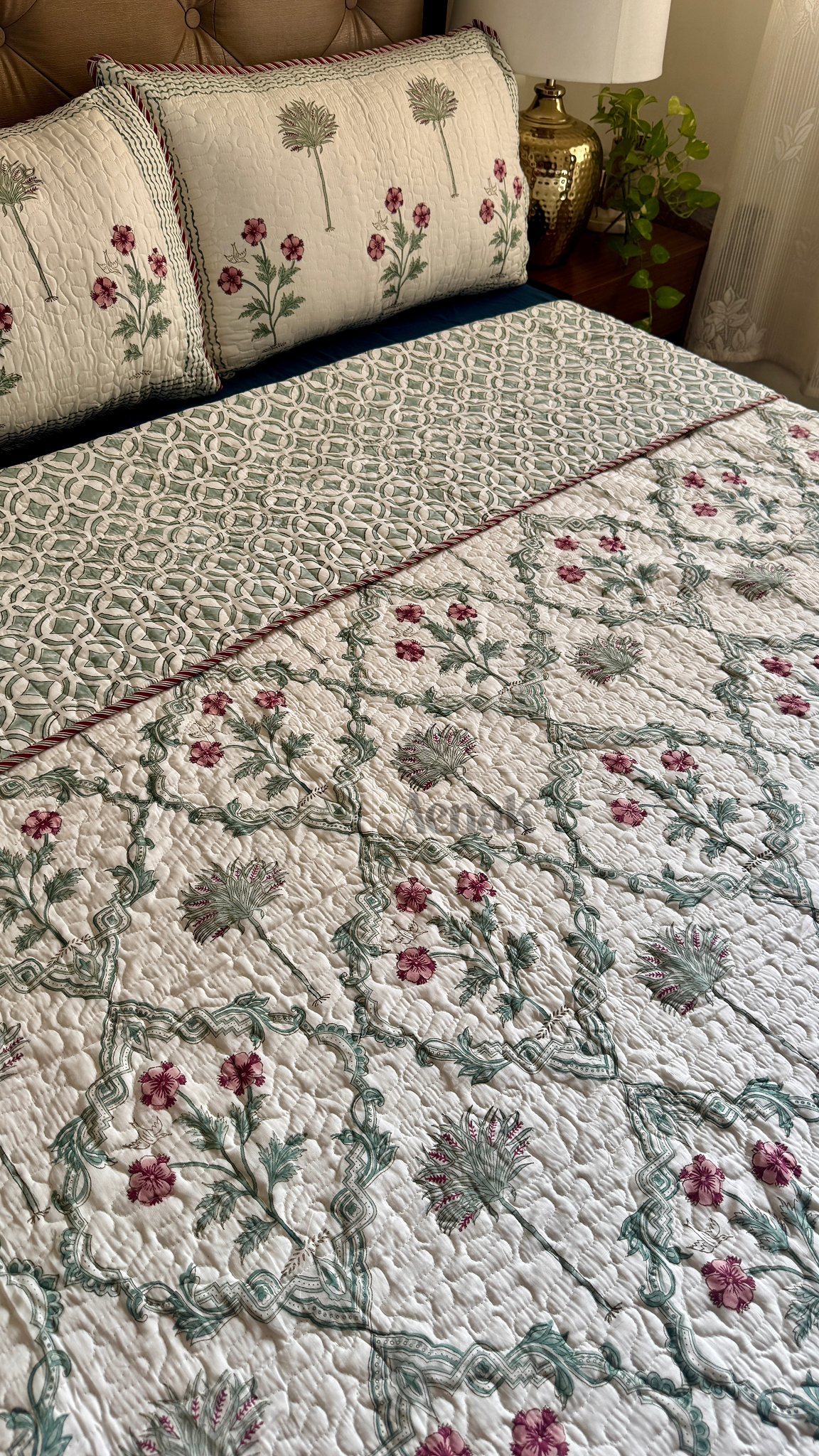 Sage Green Jaal Handblock Printed Reversible Quilted Cotton Bedcover