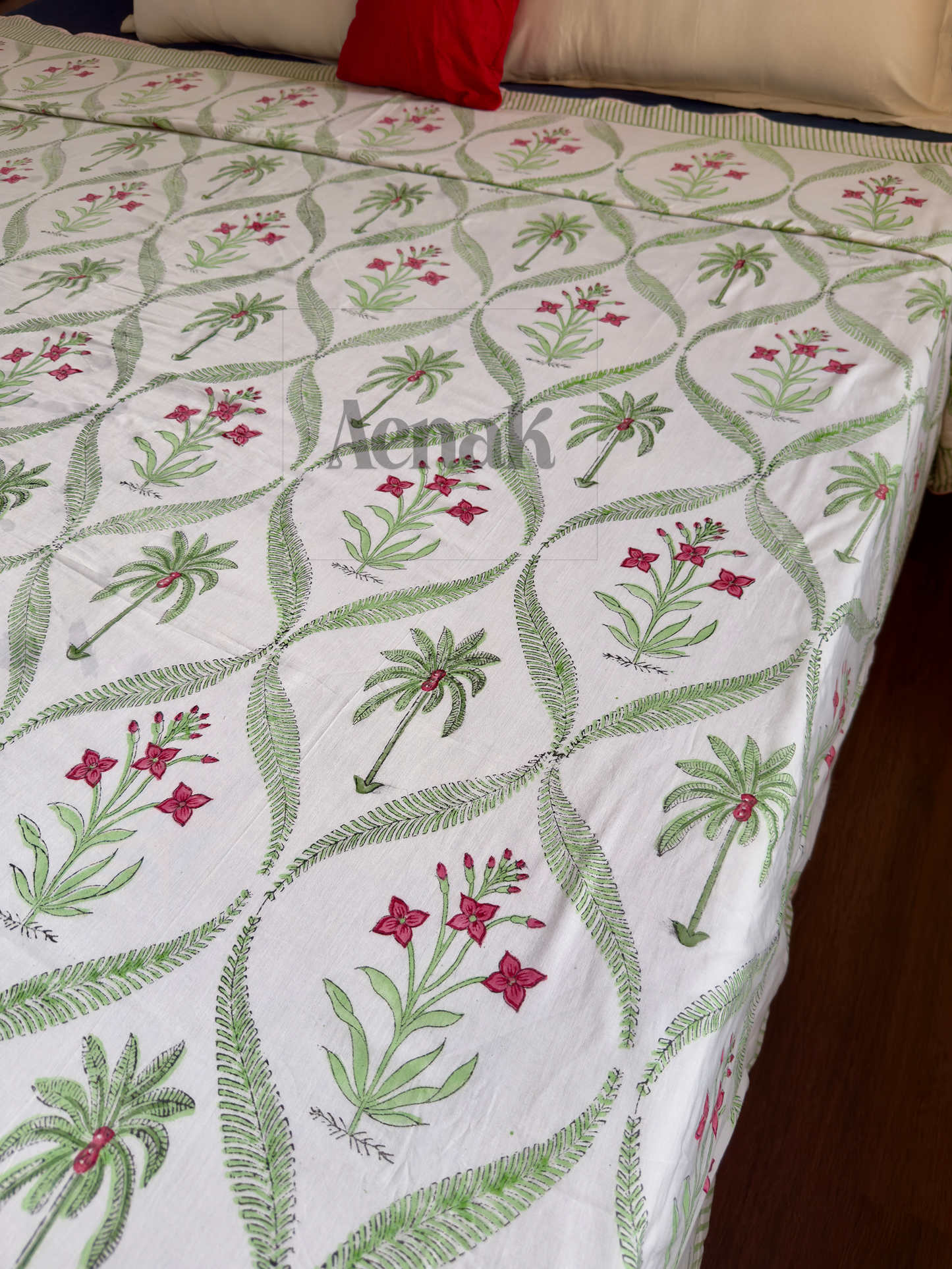 Green Palm Handblock Bedsheet + Dohar Combo