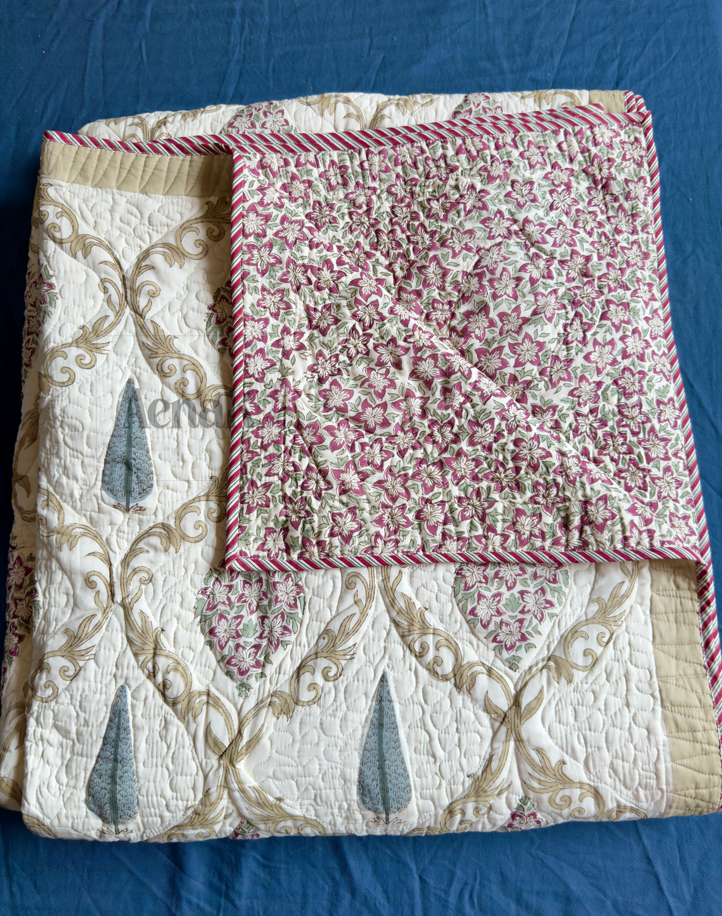 Maroon & Blue Cypress Handblock Printed Reversible Quilted Bedcover (Non-White)