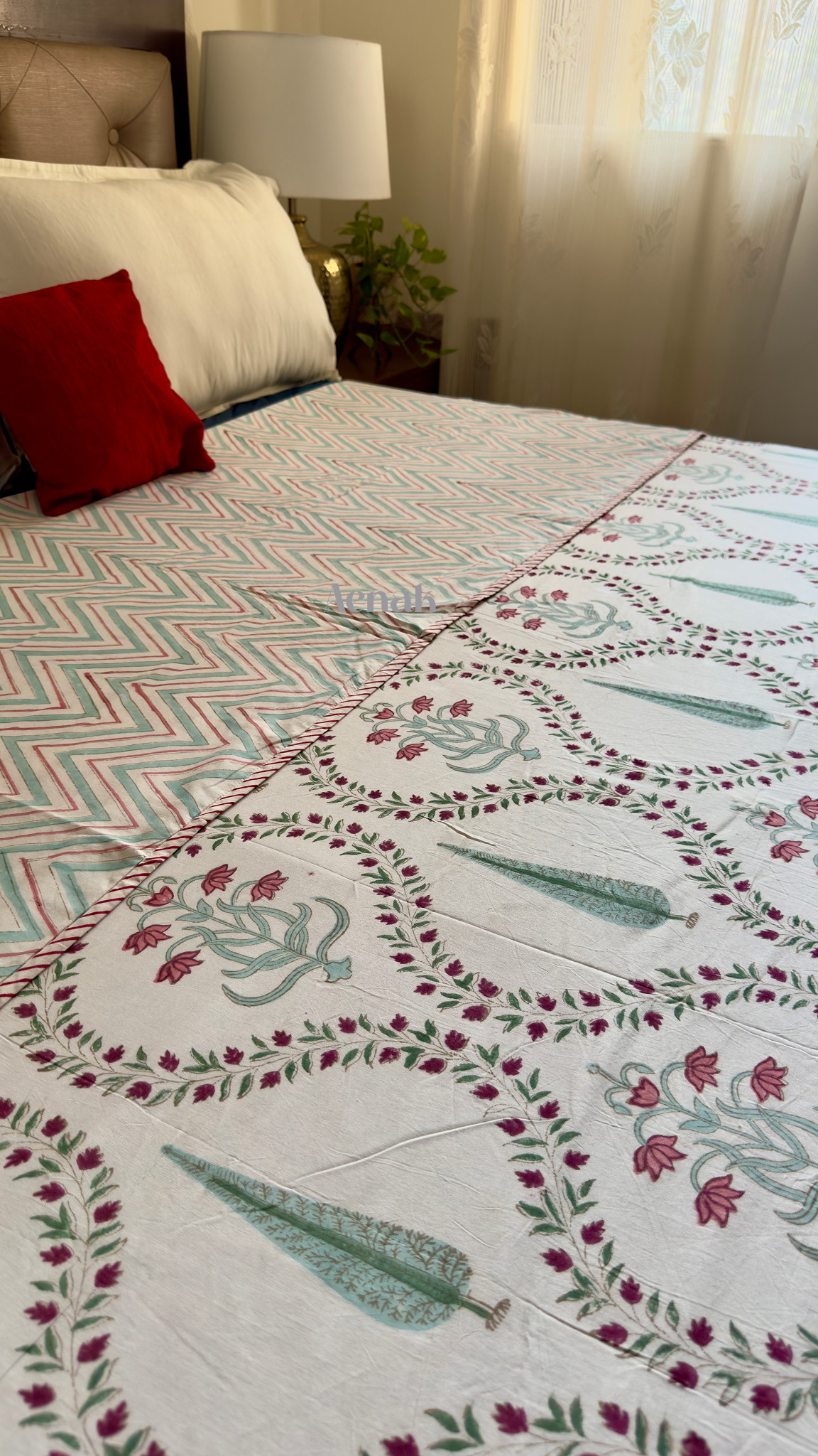 Teal Green Jaal Handblock Bedsheet + Dohar Combo