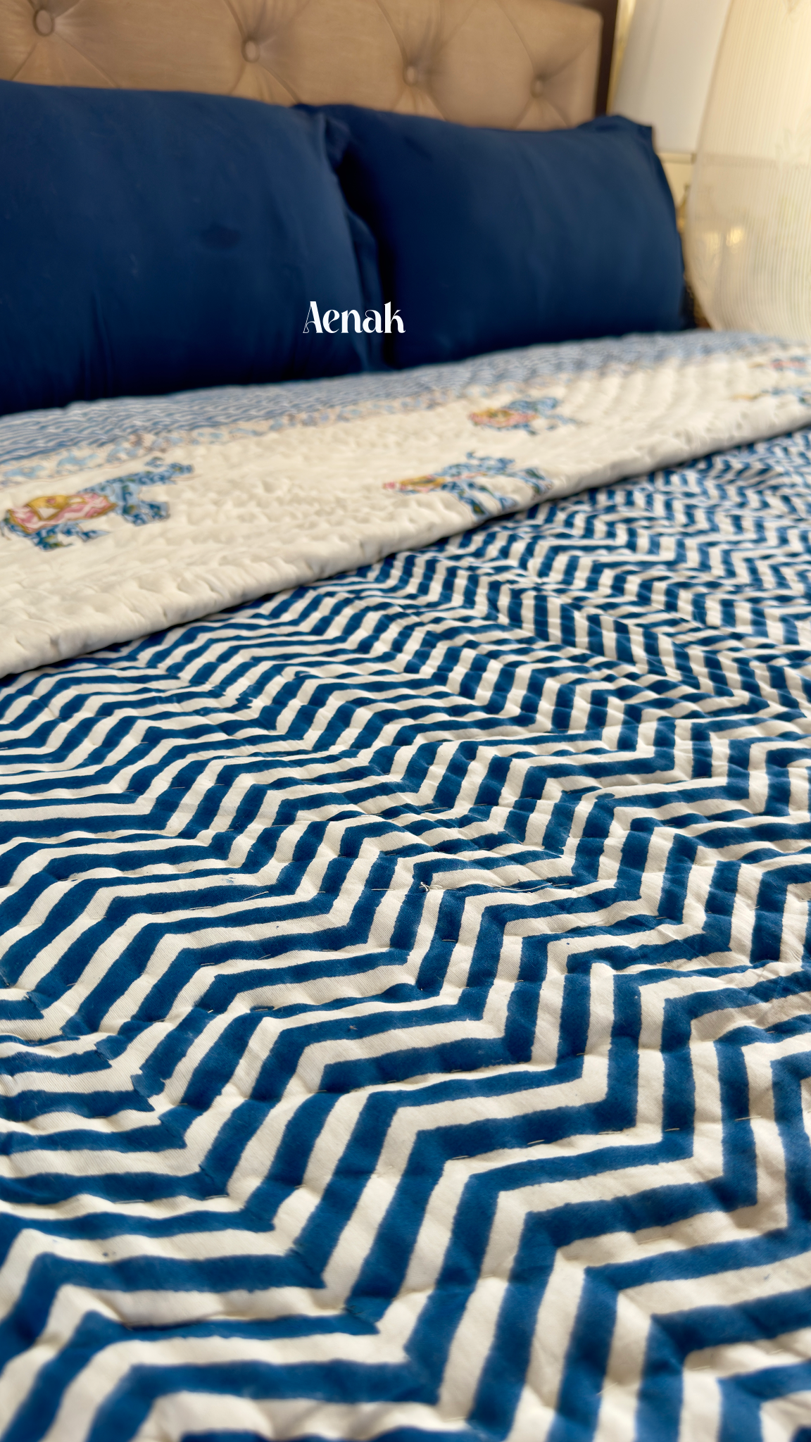 Blue Chevron Elephant Handblock Reversible Mulmul Cotton Quilt