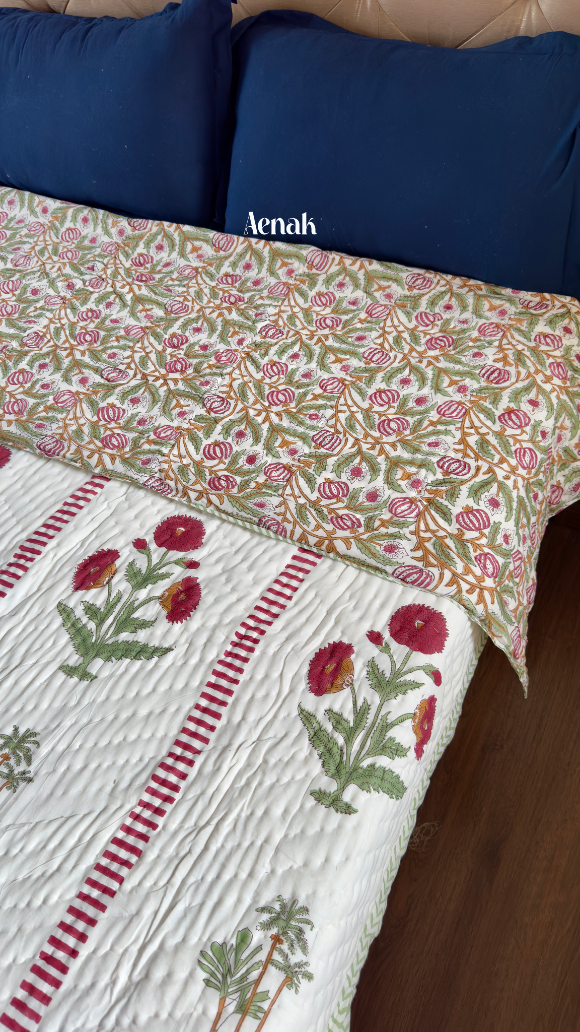 Red Dahlia Handblock Printed Reversible Mulmul Cotton Quilt