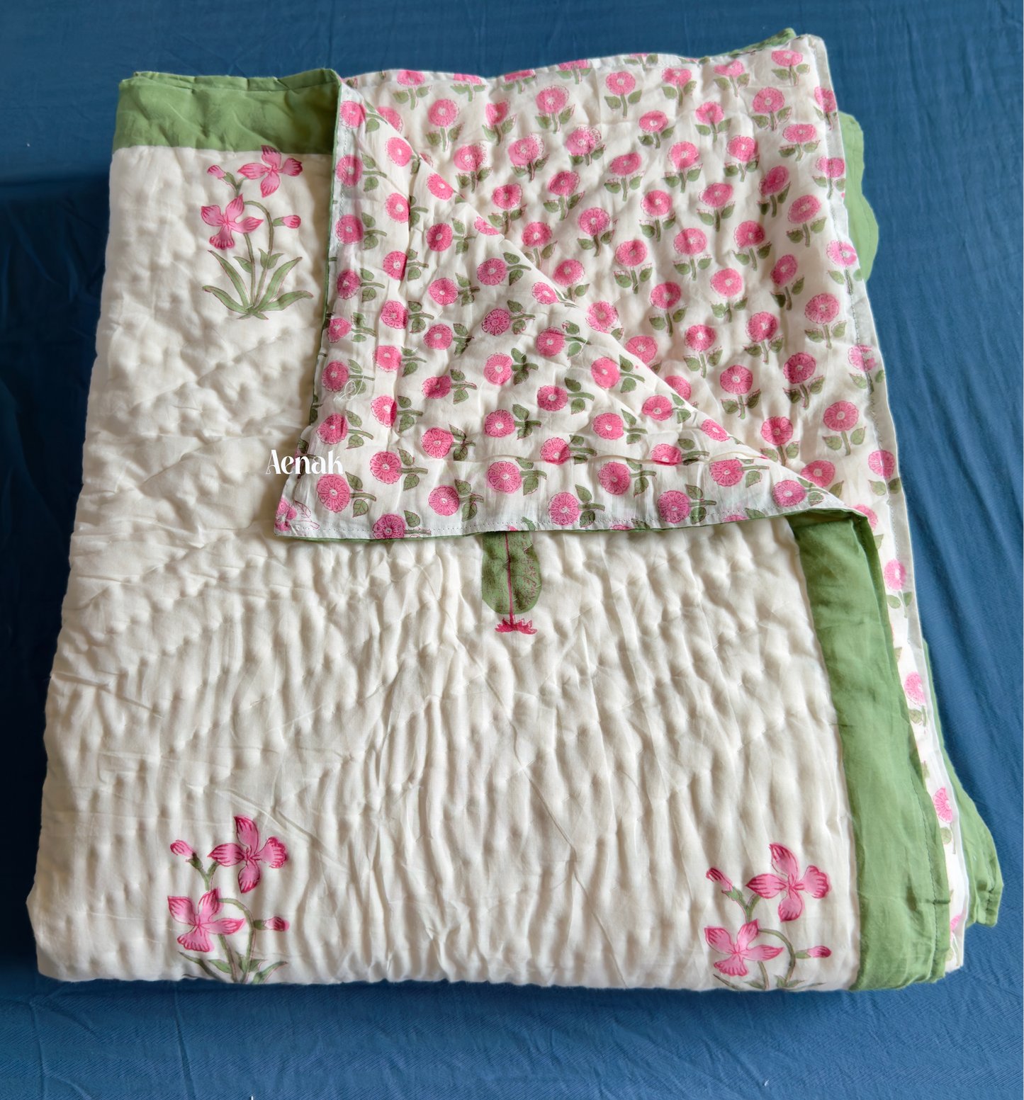 Pink Madhumati Handblock Bedsheet + Quilt Combo Set