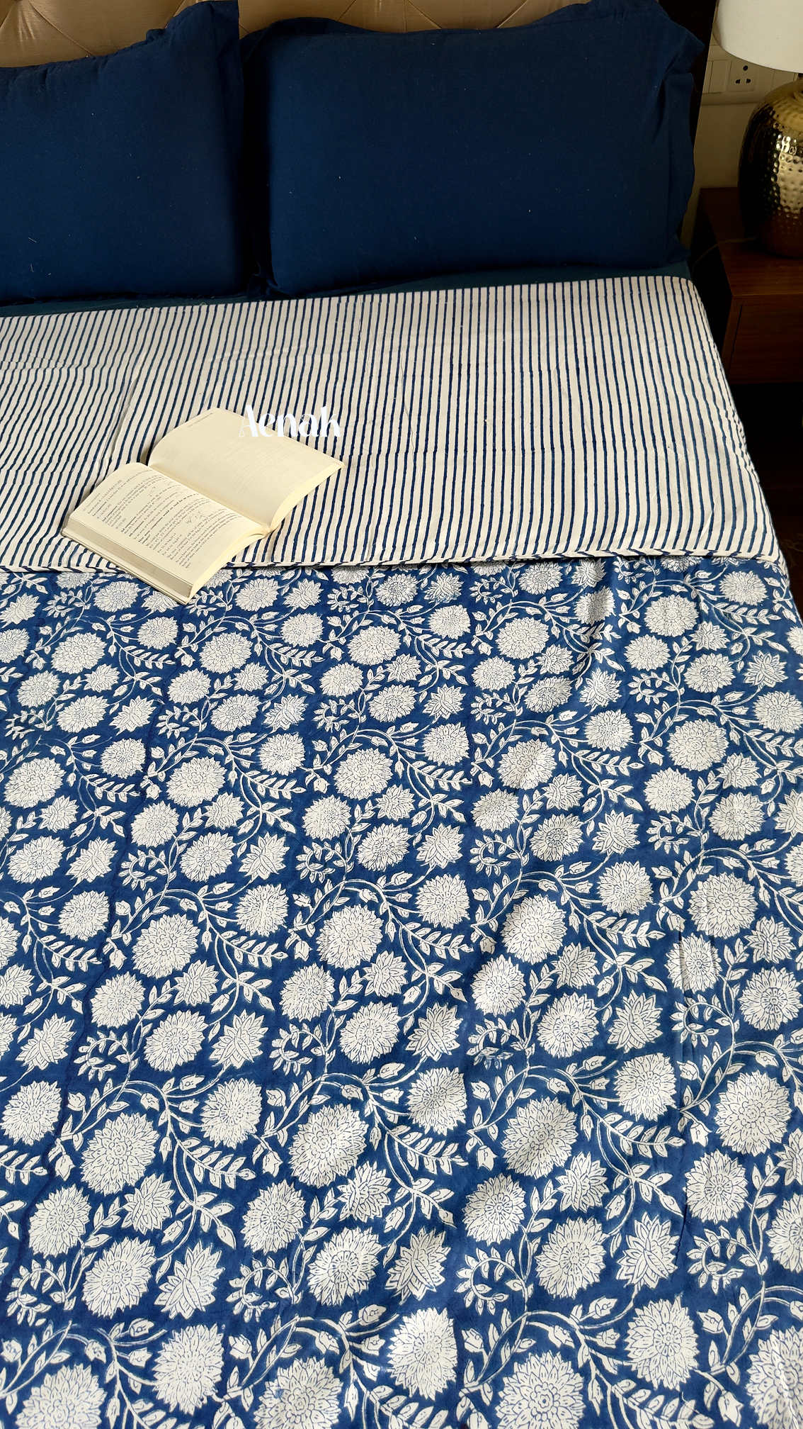 Blue Floral Garden Handblock Printed Mulmul Cotton Reversible Dohar