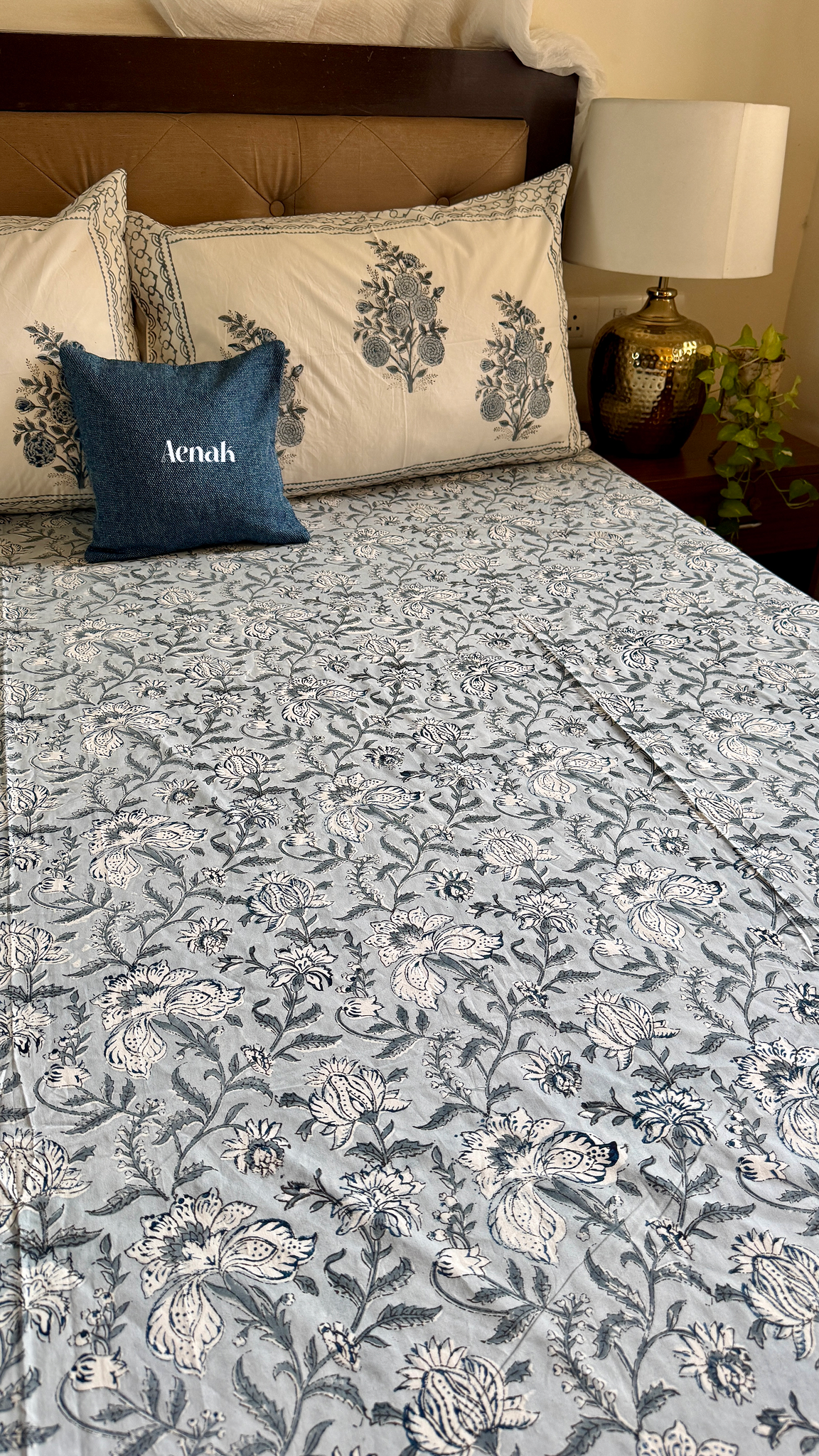 Blue Phool Boota Handblock Printed Premium Cotton Bedsheet