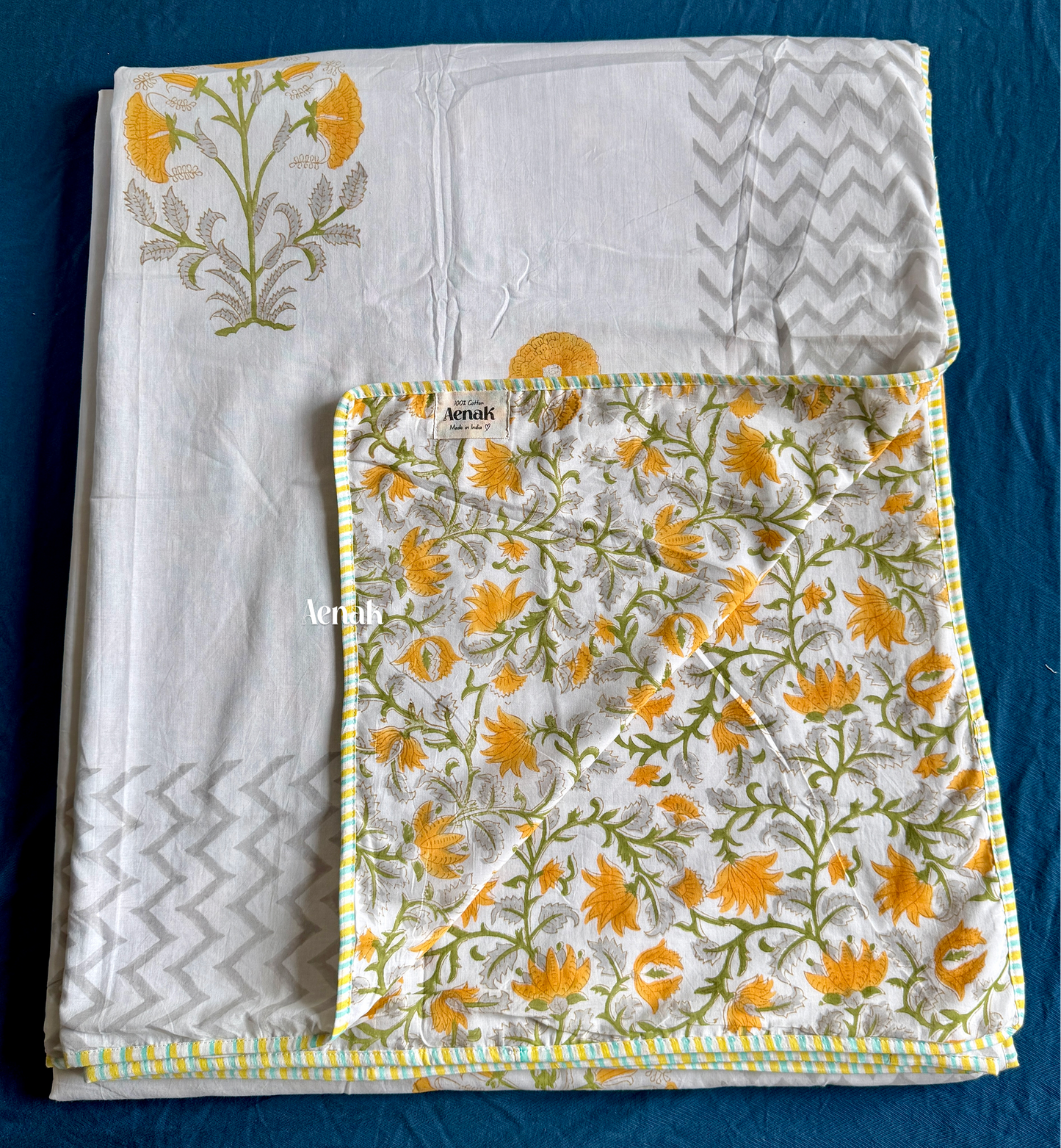 Yellow Dahlia Garden Handblock Printed Mulmul Cotton Reversible Dohar