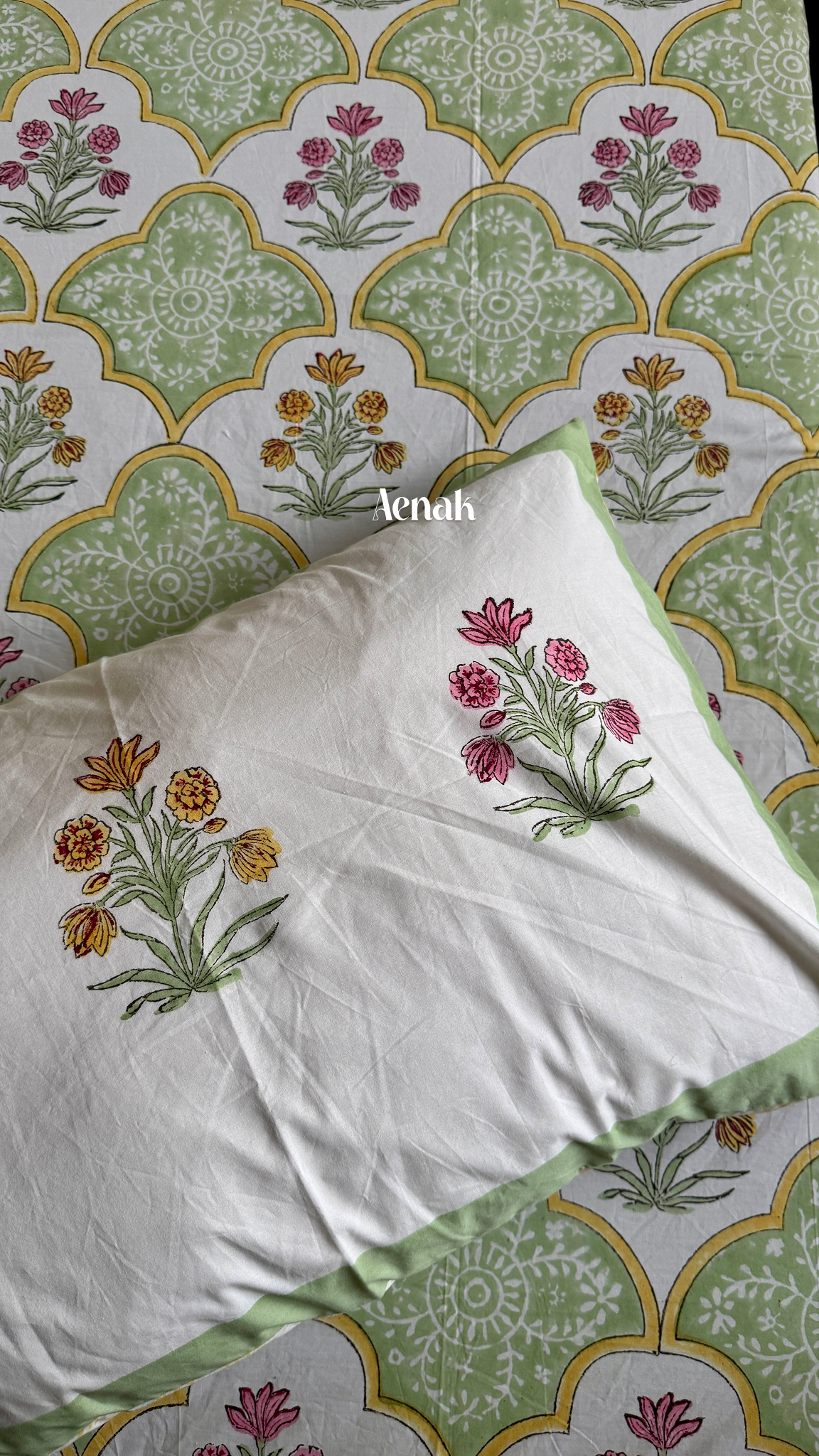 Mint Green & Yellow Handblock Printed Premium Cotton Bedsheet