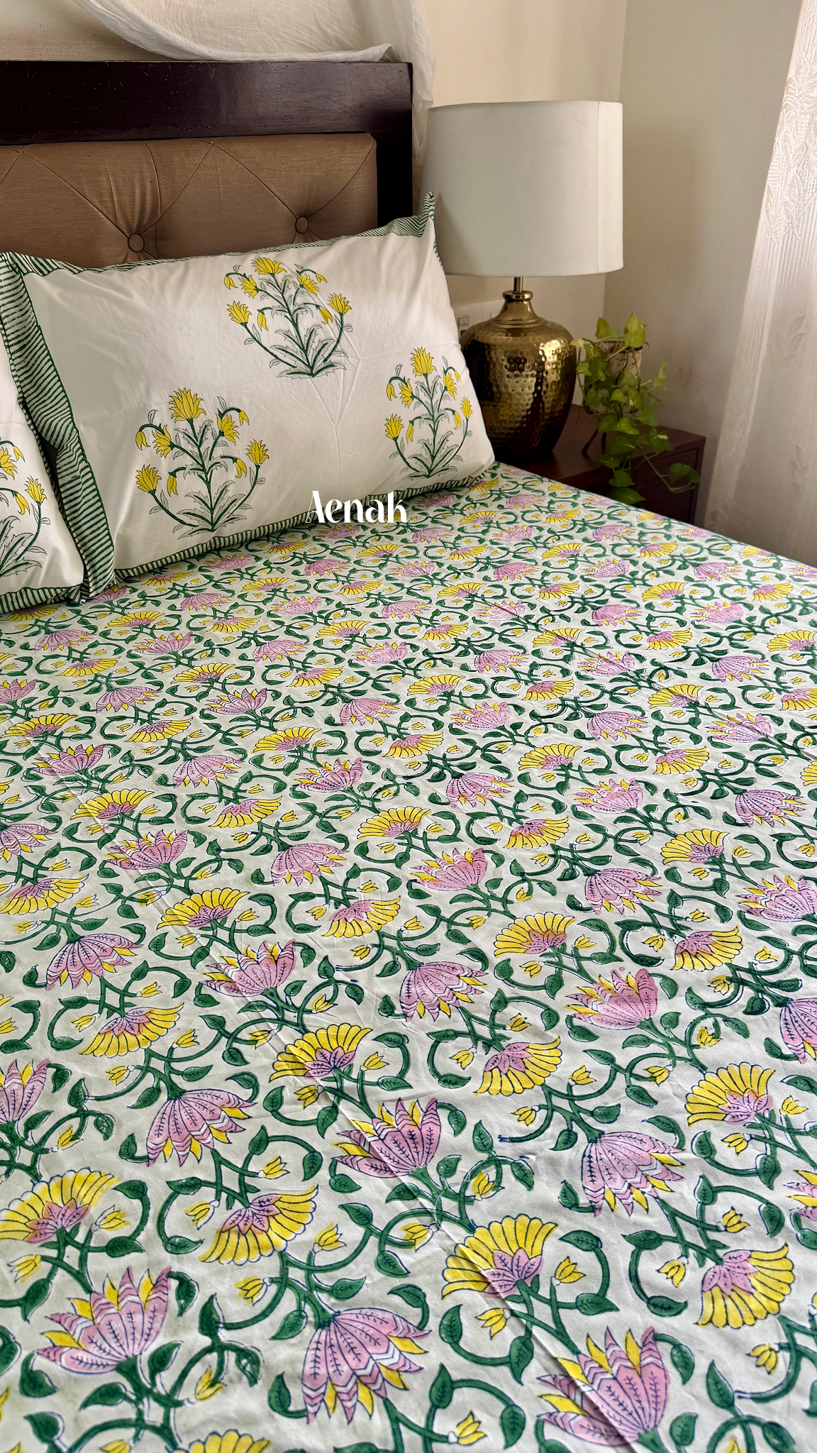 Pink & Yellow Lotus Handblock Printed Premium Cotton Bedsheet