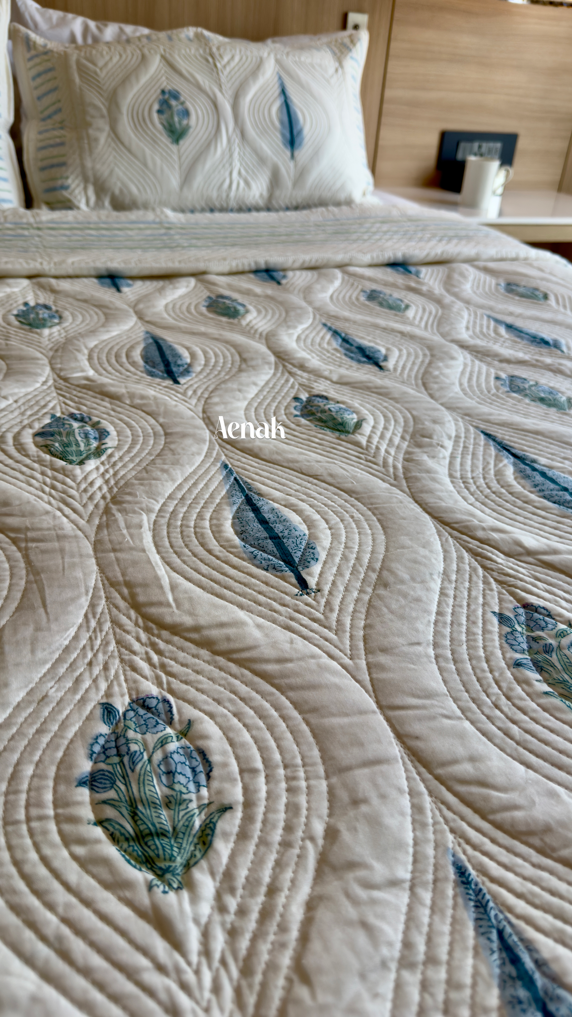 White Embossed Handblock Printed Quilted Bedcover