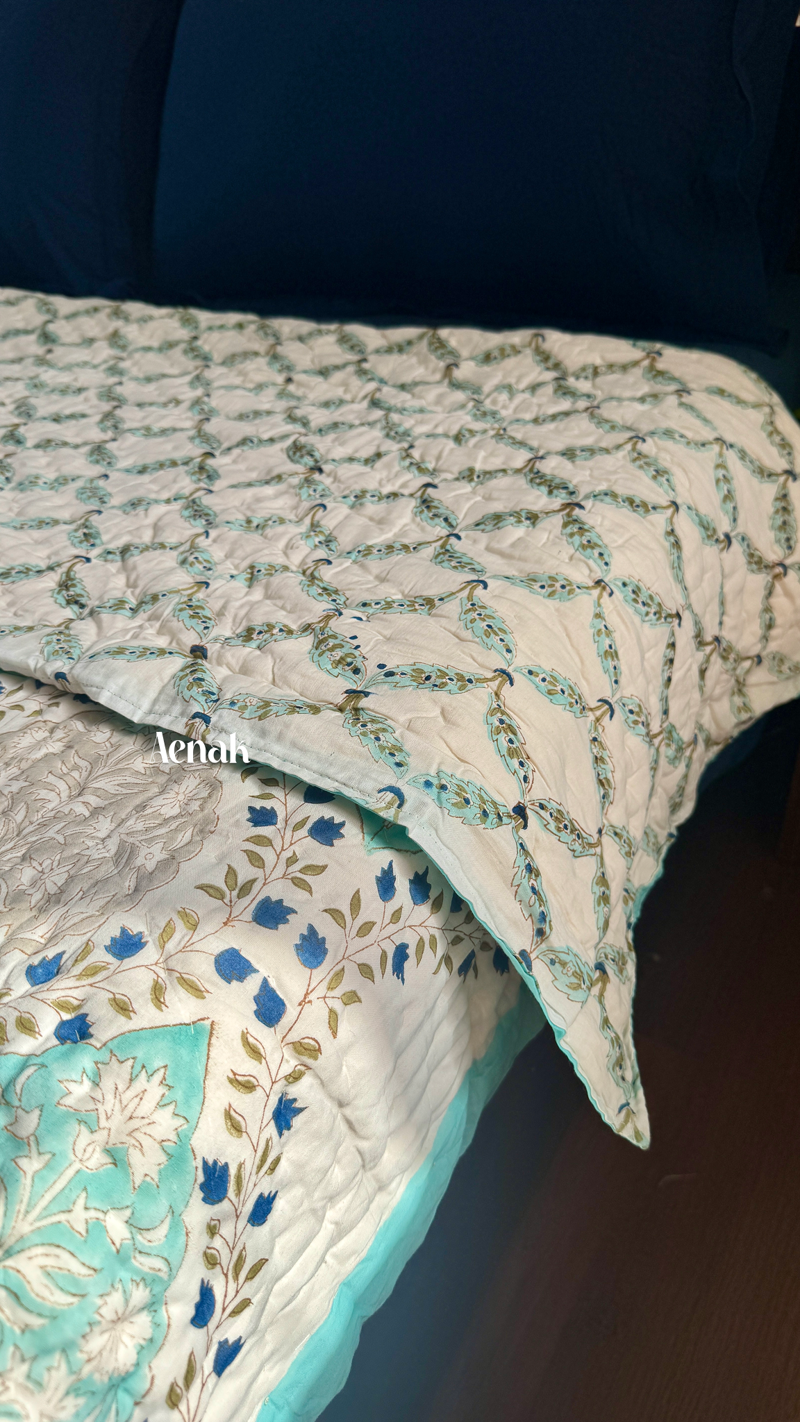 Blue Jaal Handblock Printed Reversible Mulmul Cotton Quilt