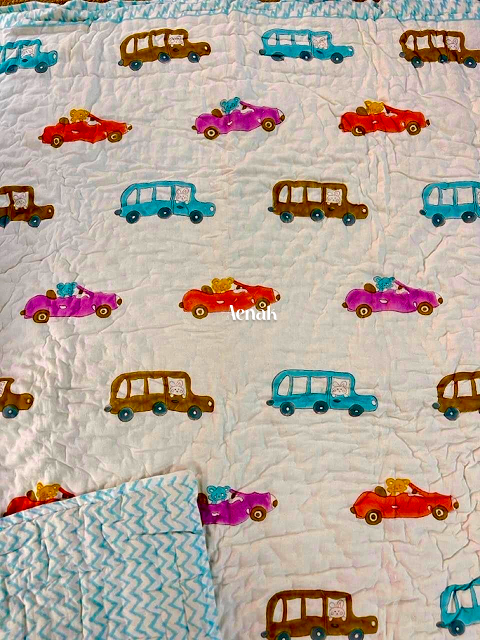 Blue Red Car Handblock Printed Reversible Mulmul Cotton Blanket