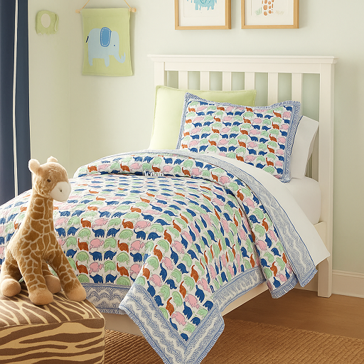 Blue Pink Elephants Handblock Printed Reversible Mulmul Cotton Blanket