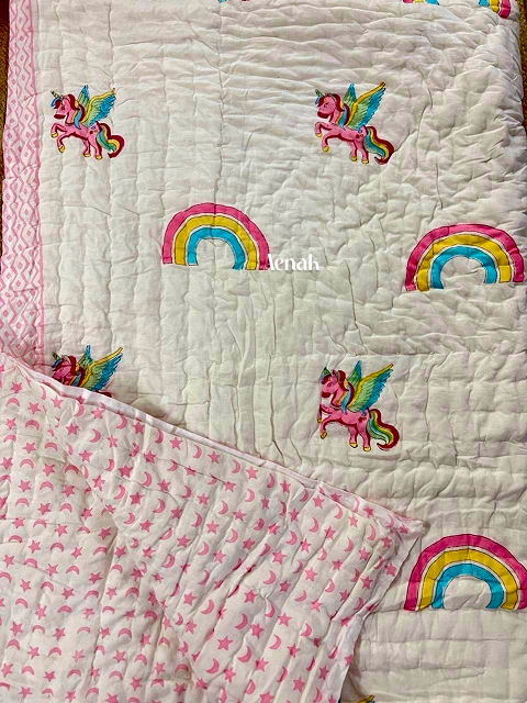 Pink Rainbow Handblock Printed Reversible Mulmul Cotton Blanket