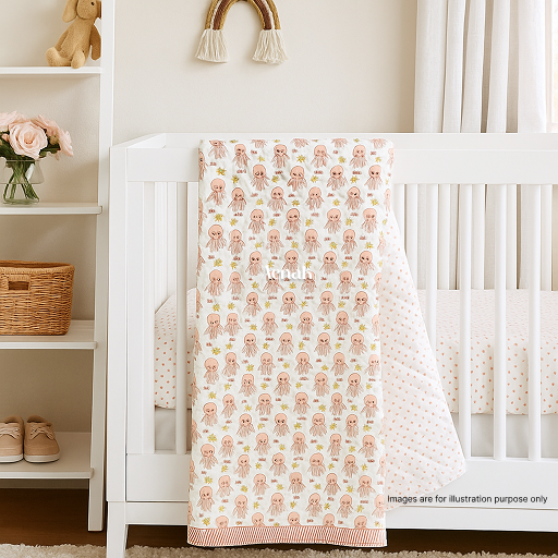 Peach Octopus Handblock Printed Reversible Mulmul Cotton Blanket