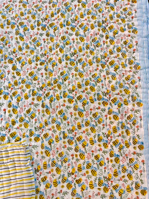Yellow Bees Handblock Printed Reversible Mulmul Cotton Blanket