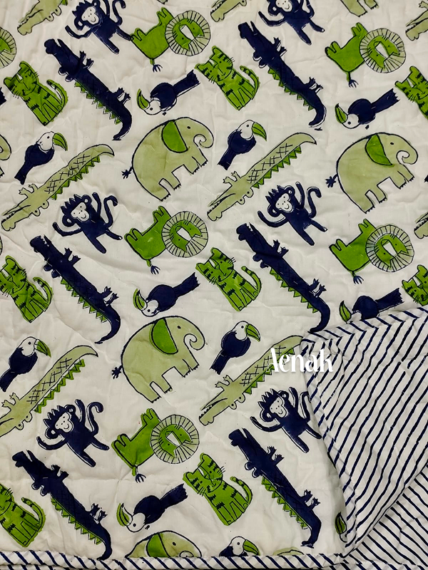 Green Jungle Theme Handblock Printed Reversible Mulmul Cotton Blanket