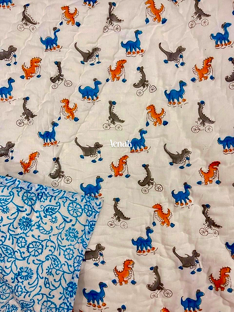 Blue Orange Dinosaur Handblock Printed Reversible Mulmul Cotton Blanket