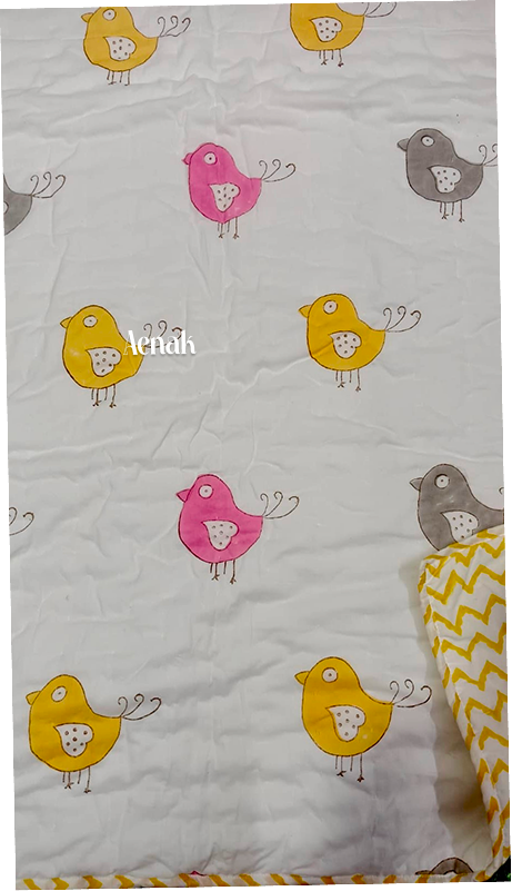 Pink Yellow Bird Handblock Printed Reversible Mulmul Cotton Blanket