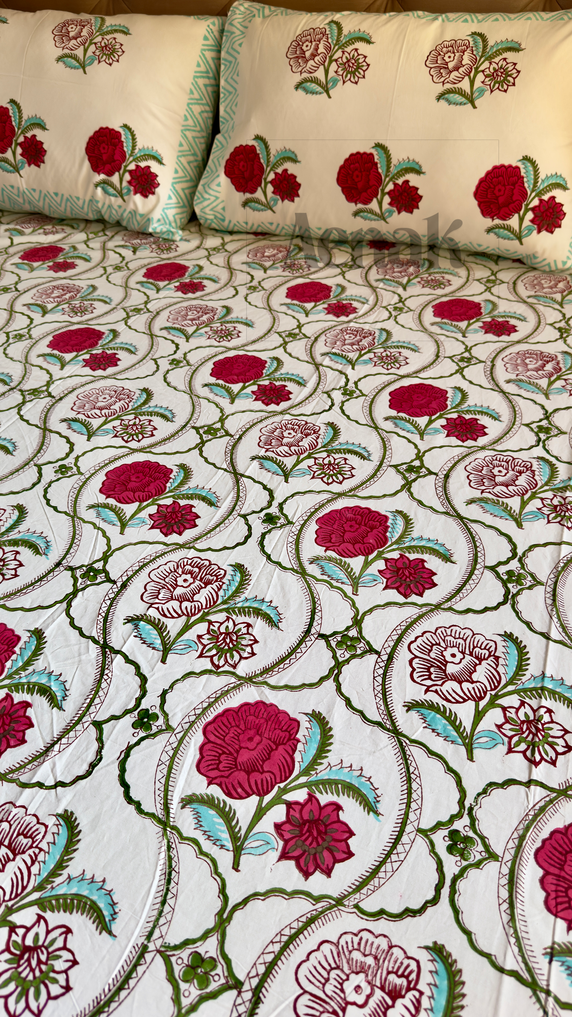 Red Rose Jaal Handblock Printed Premium Cotton Bedsheet