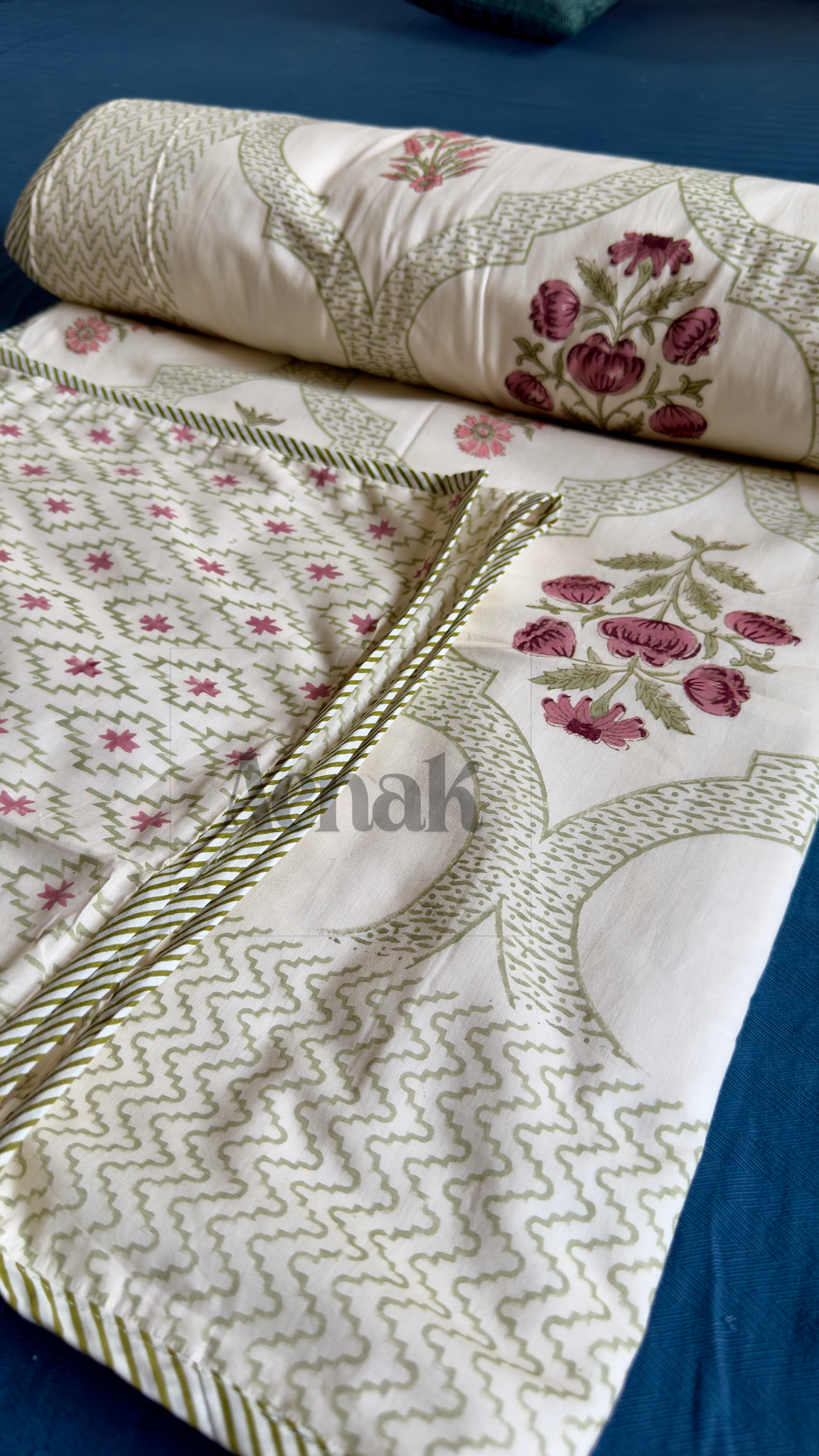 Green Purple Jaal Handblock Printed Mulmul Cotton Reversible Dohar (Non-White)