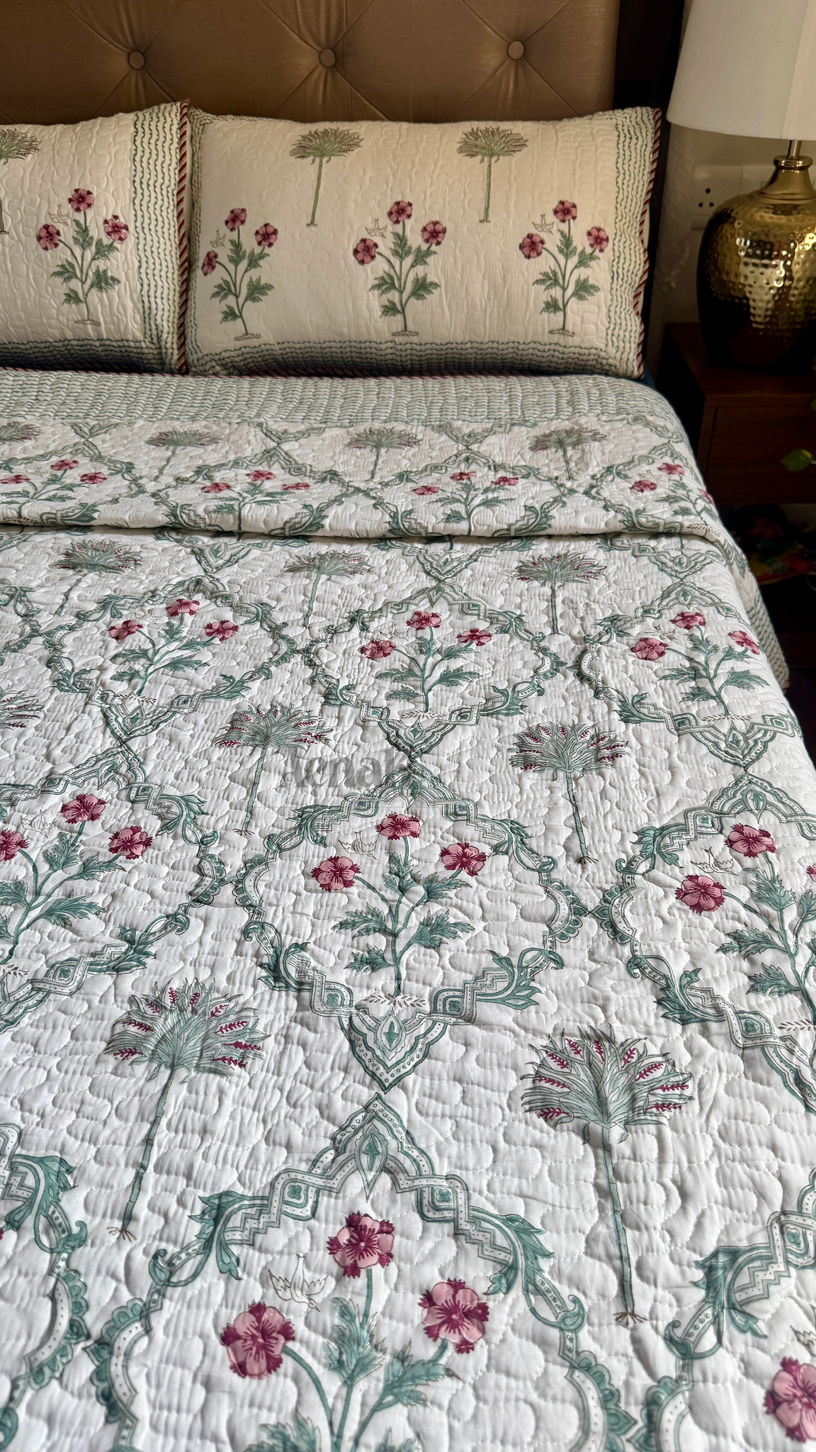 Sage Green Jaal Handblock Printed Reversible Quilted Cotton Bedcover