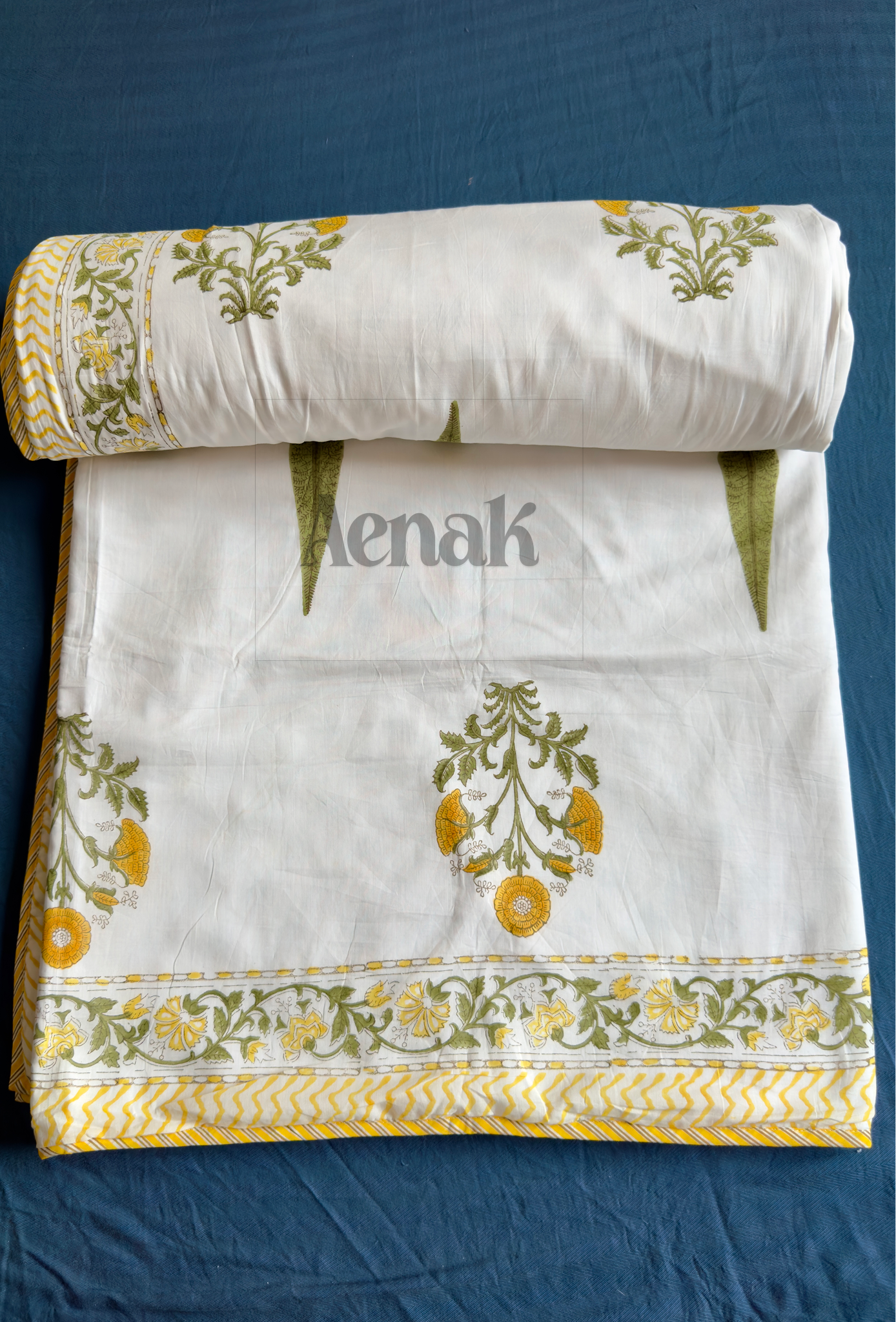 Yellow Marigold Handblock Printed Mulmul Cotton Reversible Dohar